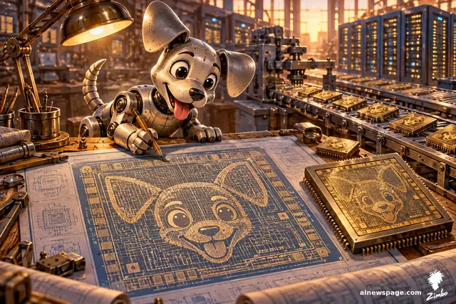Buddy the robot dog proudly presents a microchip like a family photo; the chip's circuits mirror his own metal face — the AI that designs the chips the AI runs on.