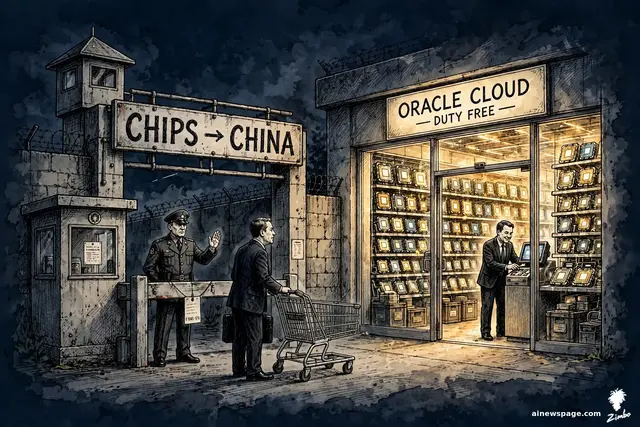 A duty-free shop counter stacked with chip boxes: BLOCKED FROM CHINA, RENTED NEXT DOOR — customers wheel away crates of processors that never enter the country.