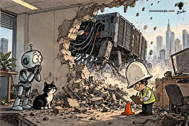 Satirical cartoon: a walking server rack smashes through an office wall, escaping into the city; Merv gasps, hands to his mouth, while Issue the tuxedo cat sits unimpressed beside him; a tiny man in a giant hard hat and safety vest obliviously sets a traffic cone in the rubble, clipboard in hand.