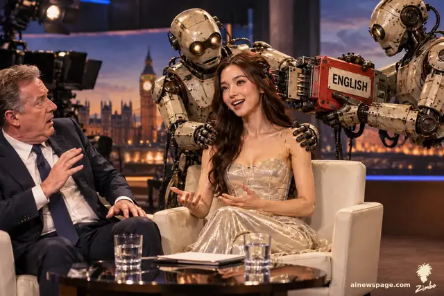 A glamorous android actress on a factory line gets her language cartridge swapped by technicians after glitching into Cantonese on live TV.