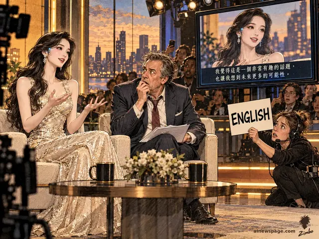 A glamorous synthetic actress glitches mid-interview, speech bubbles switching to Cantonese, while the host stares and a technician scrambles with a remote.