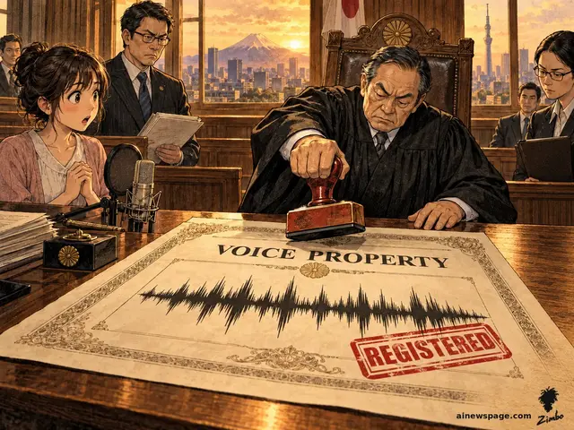 Satirical cartoon: a stern Japanese judge stamps REGISTERED on a VOICE PROPERTY certificate bearing a voice waveform, while a young voice actress with her microphone looks on, equal parts relieved and alarmed.