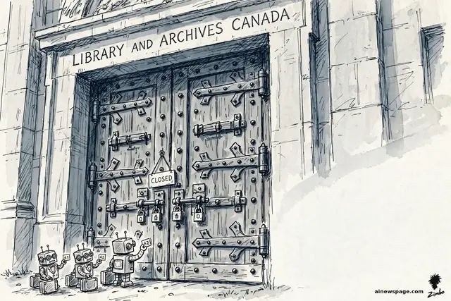 Satirical cartoon: three tiny boxy robots holding queue tickets (42, 43) and briefcases wait before the giant bolted iron doors of LIBRARY AND ARCHIVES CANADA, hung with a CLOSED sign and padlocks.