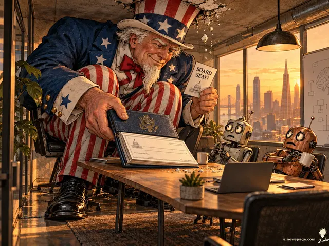 Satirical cartoon: a giant Uncle Sam squeezes into a startup office holding a BOARD SEAT? card and opening a government checkbook while two worried robots look on.