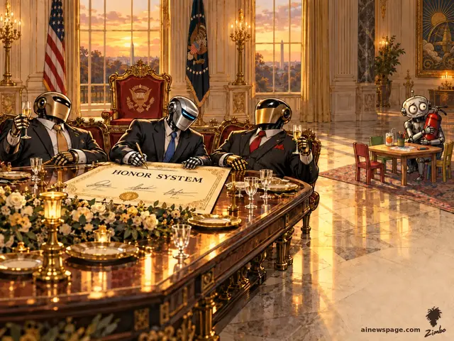 Satirical cartoon: executive robots in suits toast and sign a giant HONOR SYSTEM document at a lavish White House banquet, while tiny anxious Merv sits alone at a children's table clutching a fire extinguisher beside crayons and a juice box.