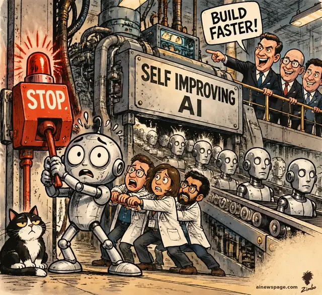 Merv, an anxious retro robot with huge worried eyes, and anxious lab engineers pull a red STOP lever on a giant SELF IMPROVING AI factory conveyor while executives on a balcony shout BUILD FASTER.