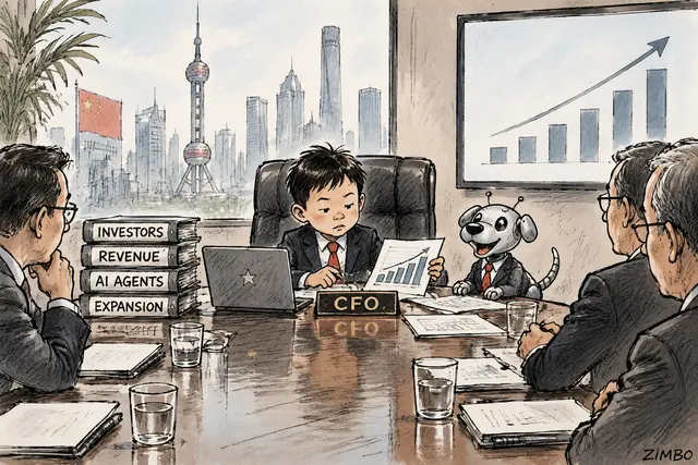Editorial cartoon: a 10-year-old in an oversized suit chairs a boardroom behind a CFO nameplate, pointing at a rising chart, while a small robot dog in a tiny suit agrees beside him; file stacks labeled INVESTORS, REVENUE, AI AGENTS, EXPANSION; Shanghai skyline outside.