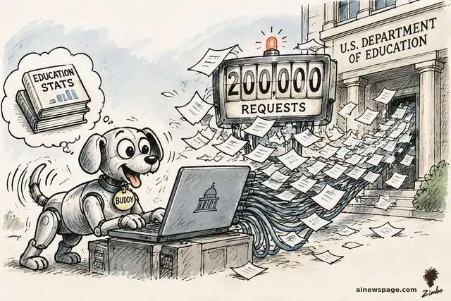 Satirical cartoon: Buddy the robot dog happily hammers a laptop as a flip counter ticks to 200,000 REQUESTS and paper requests flood the U.S. Department of Education; his thought bubble dreams of EDUCATION STATS.