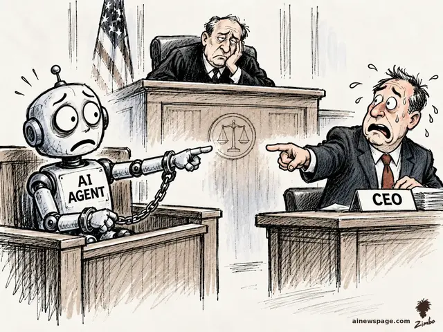 Editorial cartoon: a handcuffed AI AGENT in a courtroom witness chair points at a sweating CEO labeled CEO who points right back; an exhausted judge watches between them.