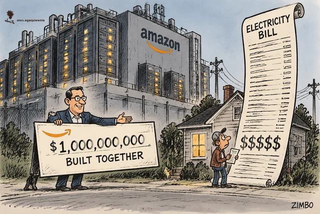 Satirical cartoon: a colossal Amazon data center looms over a tiny house; a suited man hands the house a giant check reading '$1,000,000,000 BUILT TOGETHER' while beside the house towers an 'ELECTRICITY BILL' scroll ending in '$$$$$' that dwarfs the check.