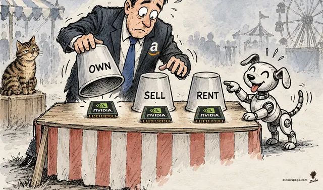Satirical cartoon: an Amazon executive runs a carnival shell game with cups labeled OWN, SELL, and RENT, each revealing the identical NVIDIA chip; Buddy the robot dog cheers and Issue the tabby cat watches knowingly.