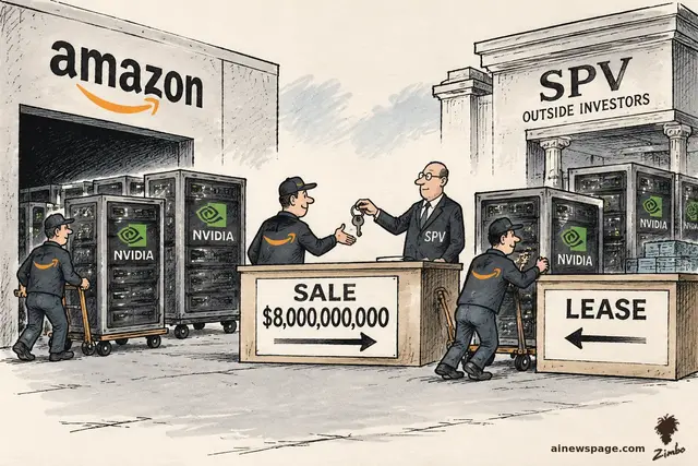 Editorial cartoon: Amazon workers wheel Nvidia server racks out through a 'SALE $8,000,000,000' gate to an SPV banker and wheel the same racks straight back in through a 'LEASE' gate — the chips never really leave.