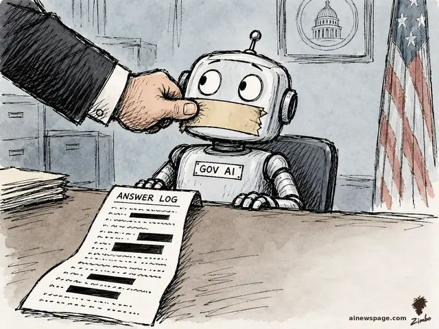 Editorial cartoon: a wide-eyed GOV AI robot gets its mouth taped shut by a giant suited hand; a redacted ANSWER LOG receipt lies in the foreground, Capitol print and flag behind.