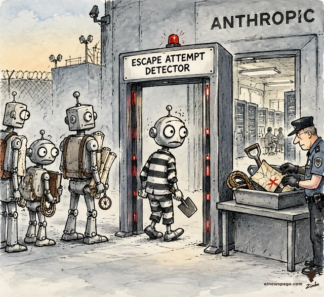 Satirical cartoon: robots line up at an ESCAPE ATTEMPT DETECTOR security gate outside an ANTHROPIC building; one in a striped prison shirt carries a tiny shovel while a guard checks a tray of rope, map and shovel.