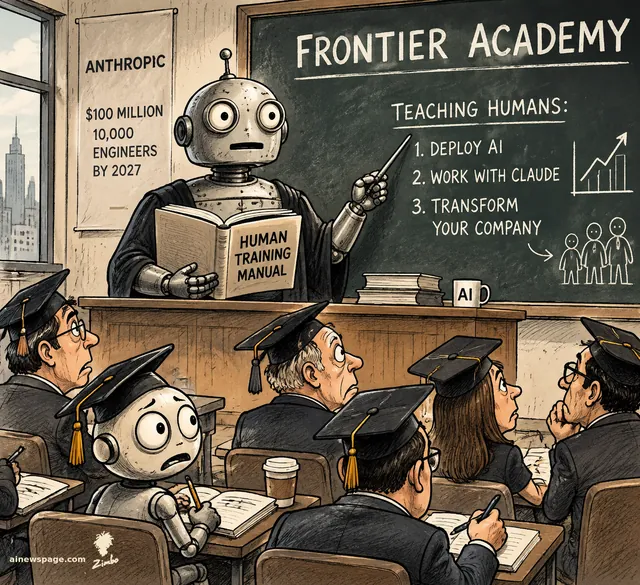 Satirical cartoon: a robed robot professor at a 'FRONTIER ACADEMY' chalkboard ('TEACHING HUMANS: DEPLOY AI, WORK WITH CLAUDE, TRANSFORM YOUR COMPANY') holds a 'HUMAN TRAINING MANUAL', lecturing human graduates while a worried robot takes notes; poster: 'ANTHROPIC — $100M / 10,000 ENGINEERS BY 2027'.