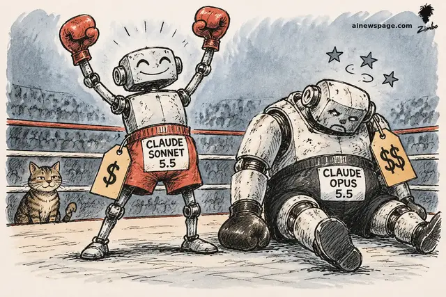 Editorial cartoon: a small victorious robot labeled CLAUDE SONNET 5.5 with a $ price tag raises red boxing gloves over a giant dazed robot labeled CLAUDE OPUS 5.5 with a $$ tag; a tabby cat watches ringside.