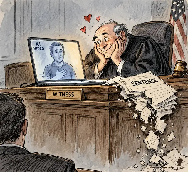 Satirical cartoon: a smitten judge hugs a glowing laptop labeled AI VIDEO while hearts float above him and the SENTENCE papers crumble off the bench; a WITNESS placard sits on the laptop.