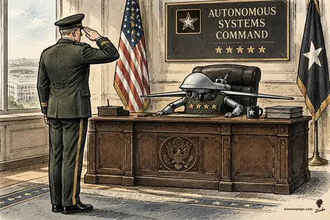 Satirical Zimbo cartoon: a human Army general salutes a tiny drone in a four-star uniform seated behind an oversized general's desk, under a wall plaque reading AUTONOMOUS SYSTEMS COMMAND with five stars.