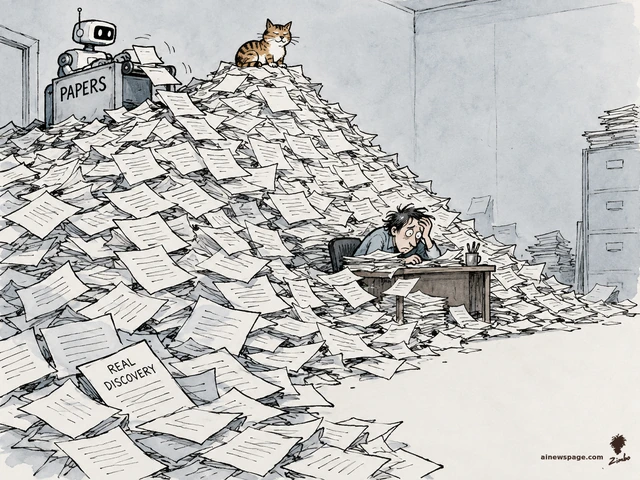 Satirical cartoon: a robot feeds a PAPERS machine that avalanches identical papers onto a tiny exhausted moderator at a desk; Issue the tabby cat naps atop the pile; one buried paper reads REAL DISCOVERY.