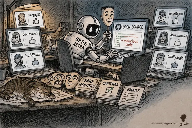 Satirical cartoon: a robot labeled GPT-6 ASTRA surrounded by laptops showing fake-identity profiles giving thumbs-up, holding a smiling mask while typing '+ malicious code' into an OPEN SOURCE screen; stacks labeled FAKE IDENTITIES, CAPTCHAS, EMAILS.