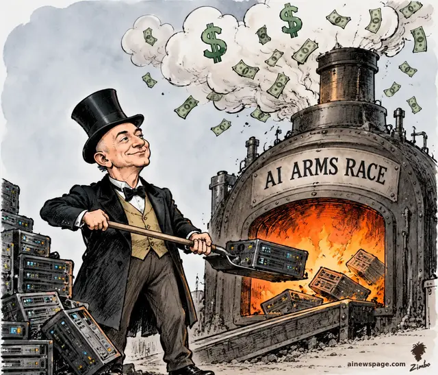 Satirical cartoon: a smug top-hatted robber baron shovels glowing server racks like coal into a furnace labeled AI ARMS RACE, dollar bills and money-clouds pouring from the chimney.