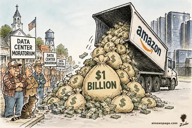 Satirical cartoon: an Amazon dump truck unloads a tidal wave of money bags stamped $1 BILLION onto a small-town street while grim protesters hold DATA CENTER MORATORIUM signs; a cat watches silently.