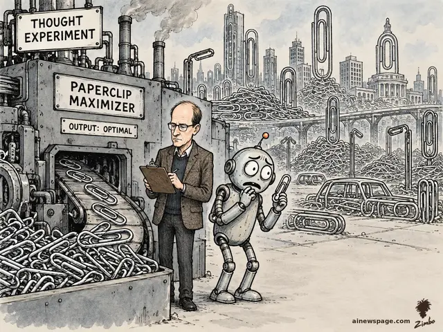 Editorial cartoon: philosopher Nick Bostrom calmly checks a clipboard beside a PAPERCLIP MAXIMIZER machine (labeled OUTPUT: OPTIMAL, framed as a THOUGHT EXPERIMENT) while it converts the city into giant paperclips; anxious robot Merv frets beside him holding one paperclip.