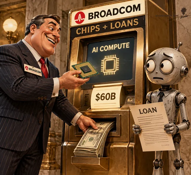 Satirical cartoon: a grinning pinstriped Broadcom salesman at a bronze ATM labeled 'CHIPS + LOANS' feeds in a bank card while it dispenses a glowing AI chip and a '$60B' receipt, and he pockets a stack of cash; a worried small robot (Merv) clutches a contract labeled 'LOAN'.