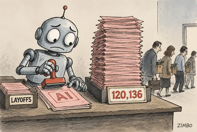 Editorial cartoon: an anxious retro robot stamps AI in red ink on pink slips beside a towering stack placarded 120,136, while glum laid-off workers shuffle out the door carrying boxes.