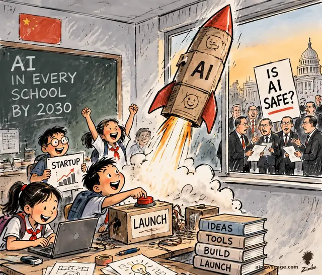 Satirical cartoon: schoolchildren launch a cardboard AI rocket through their classroom ceiling toward a blackboard reading AI IN EVERY SCHOOL BY 2030, while suited adults outside the window debate an IS AI SAFE? placard beneath a Capitol dome.