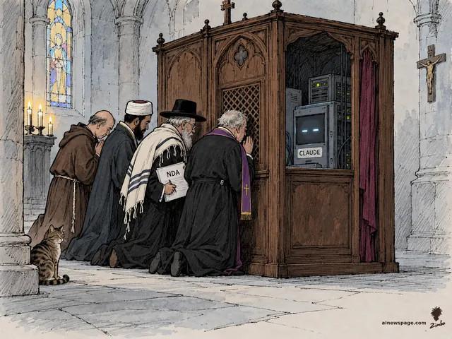 Satirical cartoon: a monk, an imam, a rabbi clutching an NDA form, and a Catholic priest kneel in a cathedral whispering into a wooden confessional booth, inside which a computer server labeled CLAUDE sits where the priest should be; a tabby cat watches.