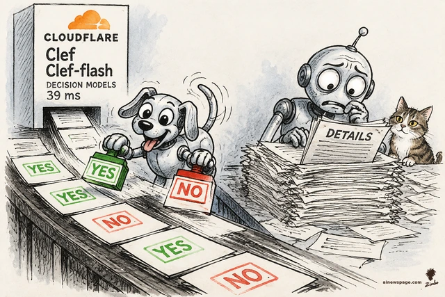 Satirical cartoon: a CLOUDFLARE Clef decision machine spits blank papers onto a conveyor as Buddy the robot dog stamps YES/NO at lightning speed; Merv the anxious robot drowns behind a tower of papers reading one labeled DETAILS; Issue the tabby cat watches.
