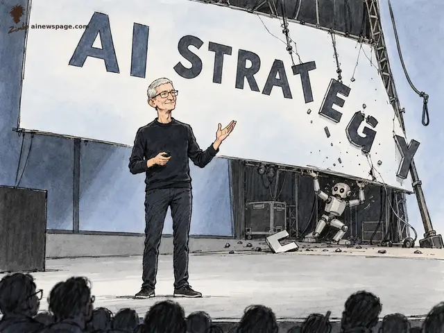 Satirical cartoon: a serene keynote presenter smiles at the audience while the giant AI STRATEGY backdrop collapses behind him — letters sliding and falling off, debris on the floor, and a small robot backstage desperately holding the backdrop up.