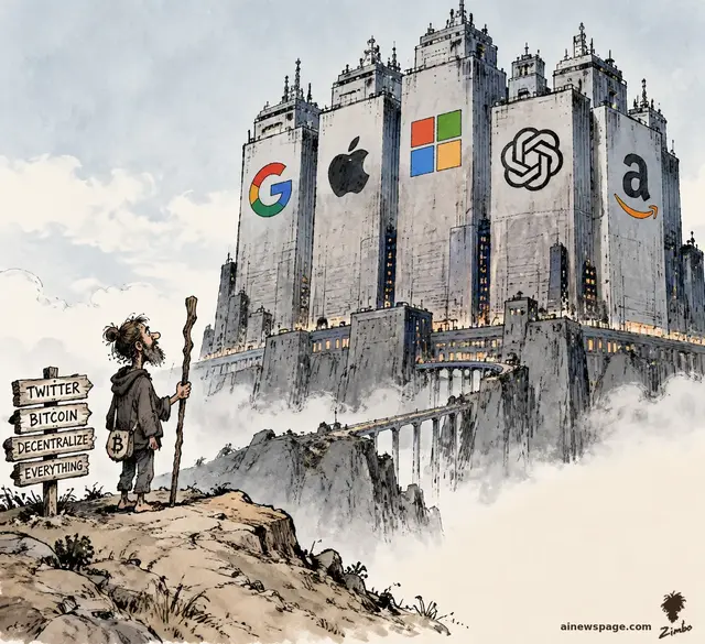 Satirical cartoon: a tiny bearded pilgrim with a Bitcoin sack stands by a TWITTER / BITCOIN / DECENTRALIZE / EVERYTHING signpost, dwarfed by a colossal fortress of five interlocking towers bearing Google, Apple, Microsoft, OpenAI, and Amazon logos.
