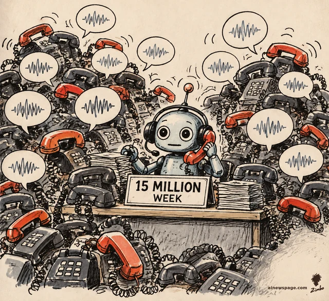 Satirical cartoon: one tiny robot with a call-center headset is buried under an avalanche of ringing red telephones and voice-waveform speech bubbles, behind a desk sign reading 15 MILLION / WEEK.