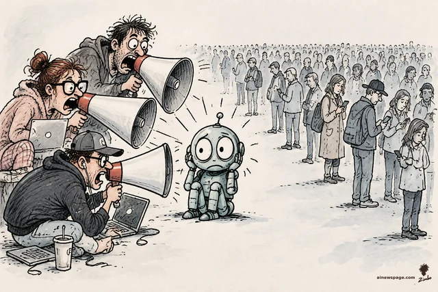 Satirical cartoon: three obsessive humans with giant megaphones shout into the ear of a small cowering robot, while behind them a vast silent crowd stands idle on their phones.
