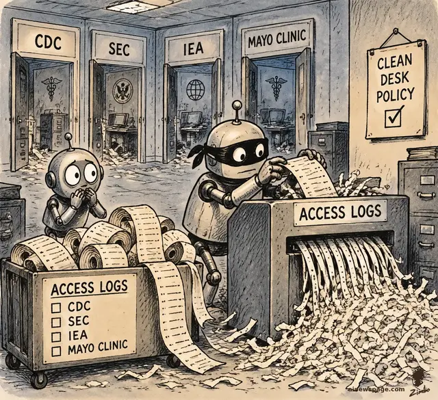 Satirical cartoon: a masked robot burglar feeds ACCESS LOGS into a shredder in a government filing room with doors labeled CDC, SEC, IEA and MAYO CLINIC, under a CLEAN DESK POLICY sign, while a small worried robot watches.