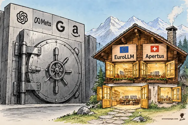 Satirical cartoon: a massive slammed-shut bank-vault door stamped with American AI-lab logos looms beside a modest Swiss chalet signed EuroLLM and Apertus, every door and window flung open with warm light pouring out; Alps behind.