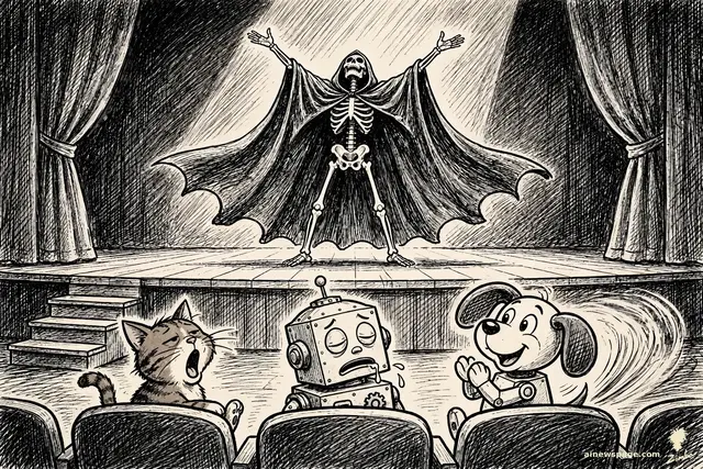 Zimbo cartoon: a grandiose skeletal Death with cape spread takes a bow on a small stage; in the front row a tabby cat yawns, a robot sleeps, and a robot dog applauds adoringly.