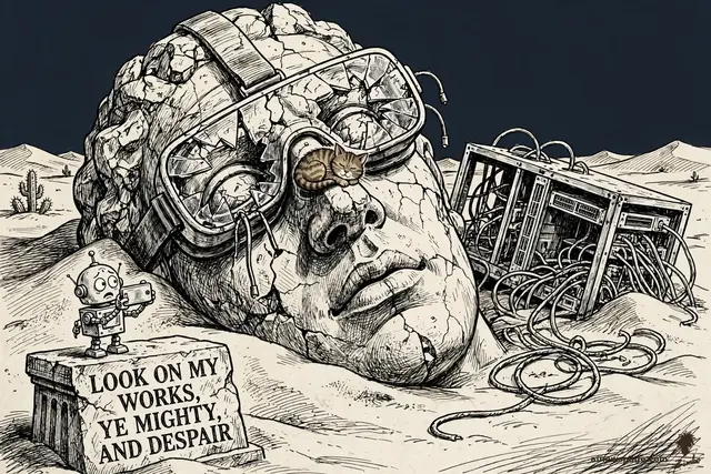 Zimbo cartoon: a shattered colossal statue head half-buried in desert sand, a cracked VR headset across its face; a small worried robot photographs the ruin while a tabby cat naps on the statue's nose.