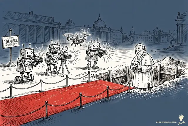 Zimbo cartoon: a red carpet runs across a grand plaza straight into an open grave; paparazzi robots flash cameras at the empty carpet.