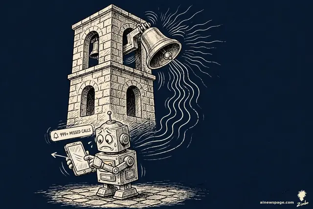 Zimbo cartoon: a great bronze bell tolls in a stone tower; below, a small robot stares at his phone, swiping away a notification of hundreds of missed calls with a bell icon.