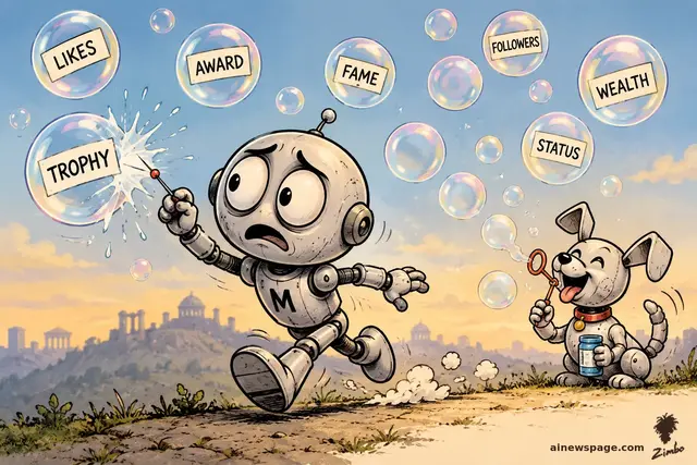 Zimbo cartoon: a small robot chases soap bubbles labeled TROPHY, LIKES, AWARD, FAME, popping each with a pin, while a robot dog blows more bubbles behind him.