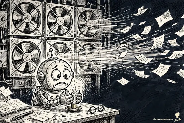Zimbo cartoon: a small robot cups both hands around a single lit candle on a night desk while a wall of server-farm cooling fans blasts papers behind him.