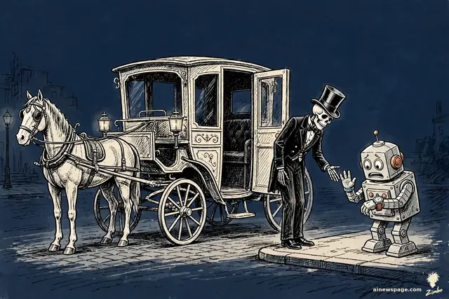 Zimbo cartoon: a courteous skeleton in a top hat holds open a horse-drawn carriage door at a curb; a small anxious robot checks his wristwatch with visible impatience.