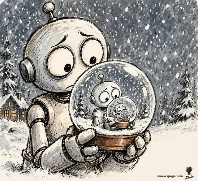 Zimbo cartoon: a robot holds a snow globe in falling snow; inside the globe, a tiny robot holds a smaller snow globe.