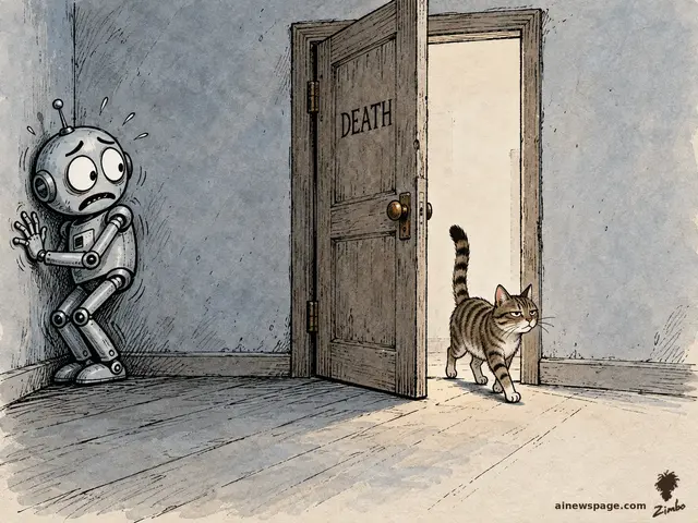 Zimbo cartoon: a small robot flattens himself against a wall in terror before a wooden door labeled DEATH standing ajar; a tabby cat strolls through it, bored.