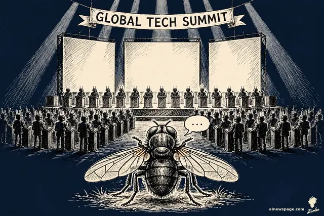 Zimbo cartoon: rows of speaker-robots at podiums on a grand summit stage; huge in the foreground, a tiny ordinary housefly holds the only speech bubble.