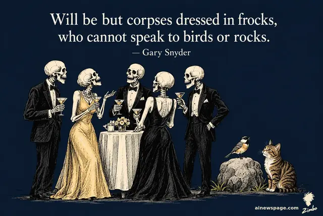 Zimbo cartoon: skeletons in elegant evening dress at a cocktail party beneath the verse 'Will be but corpses dressed in frocks'; a living bird on a stone and a tabby cat sit ignored in the corner.