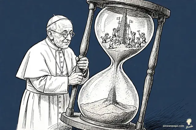 Zimbo cartoon: an elderly pope-like figure silently turns a giant hourglass; tiny humans rush to build a tower in the top bulb as sand buries its base.